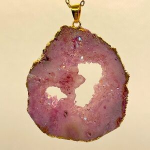 Natural Geode Stone & Crystal Quartz Pink Aura Heart Chakra Necklace 4b